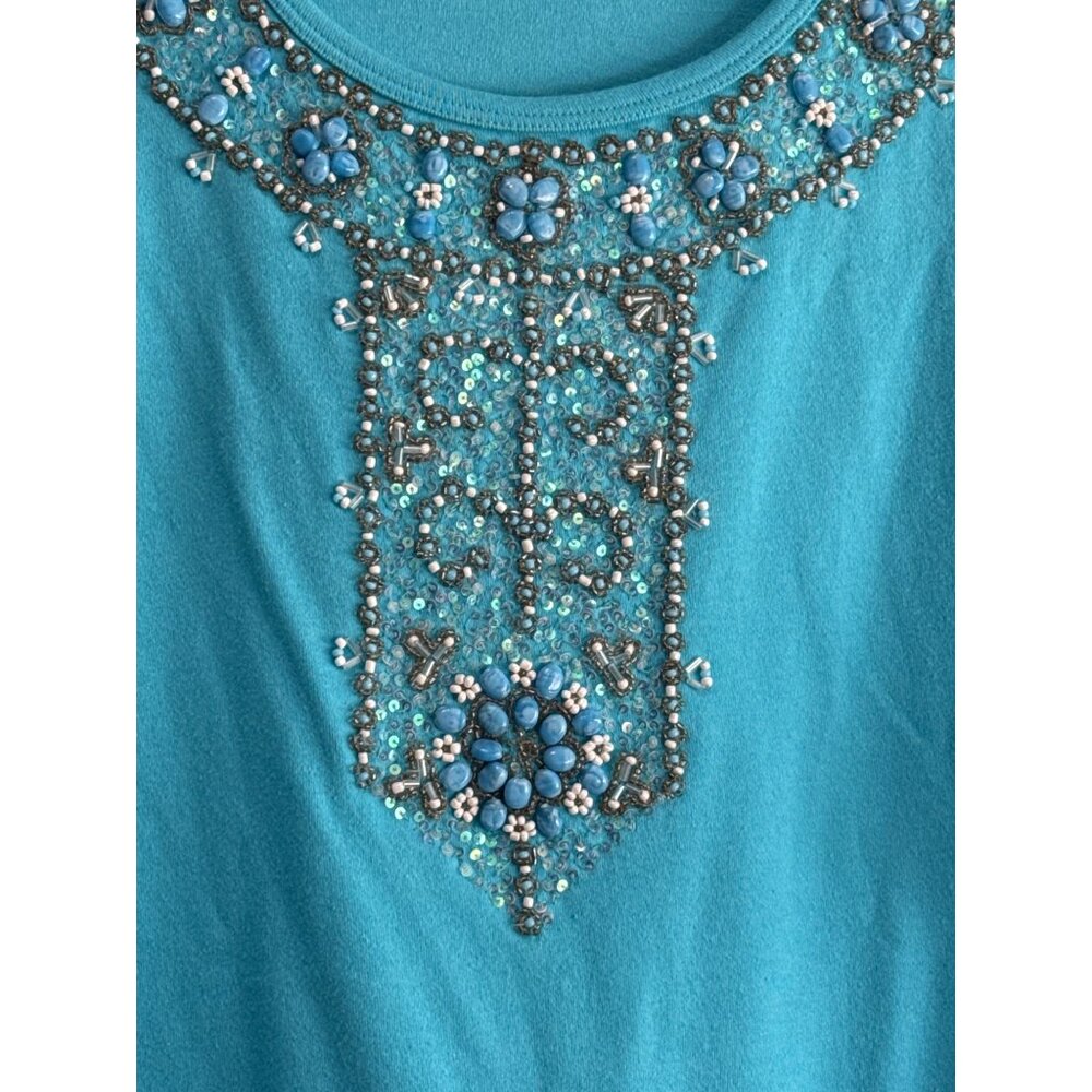 Quacker Factory Womens 2X Turquoise Embellished Scoop Neck 3/4 Sleeve Top - Picture 2 of 6